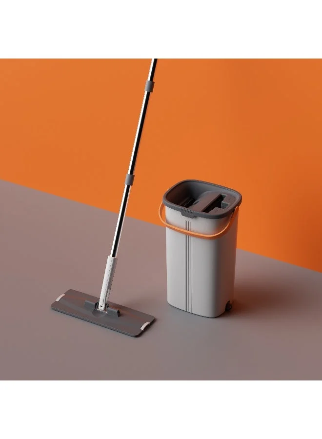 ELAFI Premium Flat Squeeze Mop and Bucket Set with Self-Wringing System and Reusable Microfiber Pads for Home Floor Cleaning (Grey, 1 Set) 5yijb