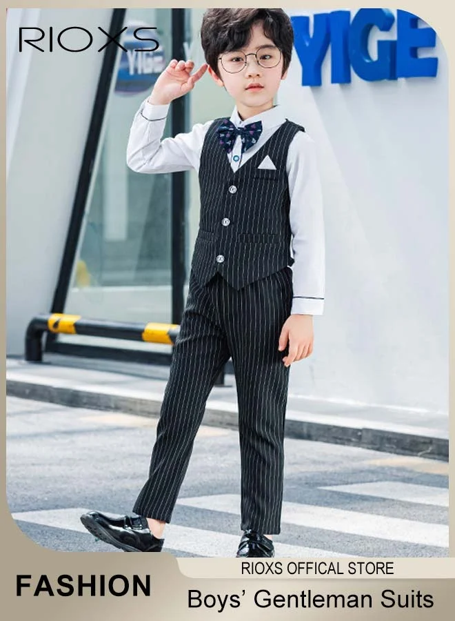 RIOXS Boys Formal Gentleman Suit Set 5-Piece Ceremony Outfit with Vest and Bowtie for Weddings and Parties (Size 130cm) 1tiid