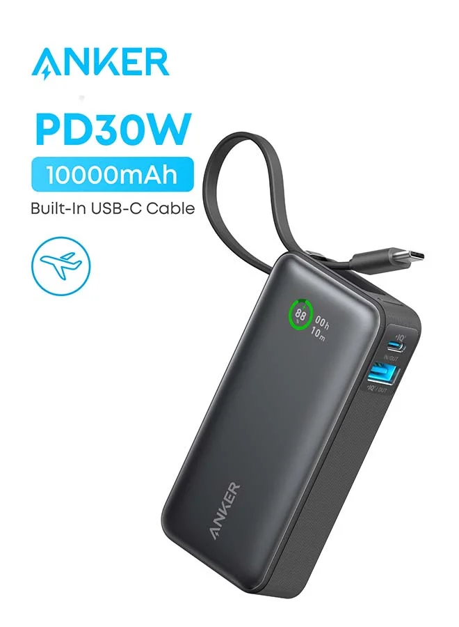 High-Speed Nano Power Bank 10000mAh Portable Charger with Built-In USB-C Cable 30W Fast Charging (Black, 10000mAh) u8eo1