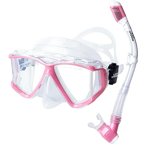 EXP VISION Professional Snorkel Set with Tempered Glass Mask and Dry Top Snorkel for Scuba Diving and Swimming (Pink, Adult) rvxai