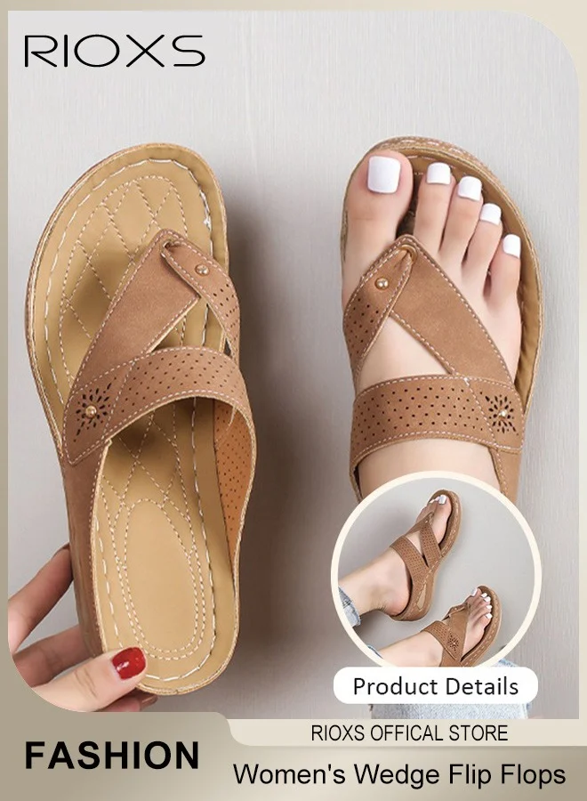 RIOXS Women's Wedge Sandals Arch Support Platform Flip Flops (Brown, 38 EU) ohjb5