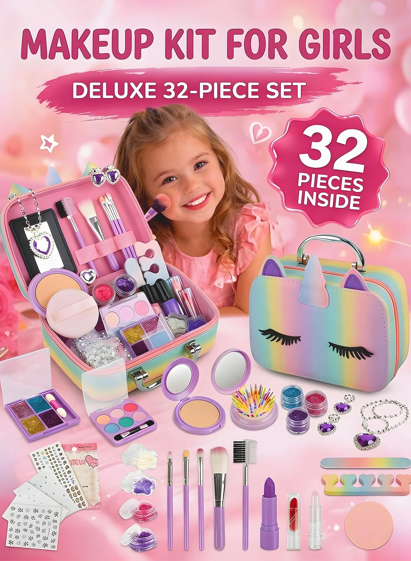 Chillspace Kids Makeup Kit for Girls (32-Piece Set) Washable Non-Toxic Pretend Play Cosmetics with Unicorn Bag for Kids i84o1