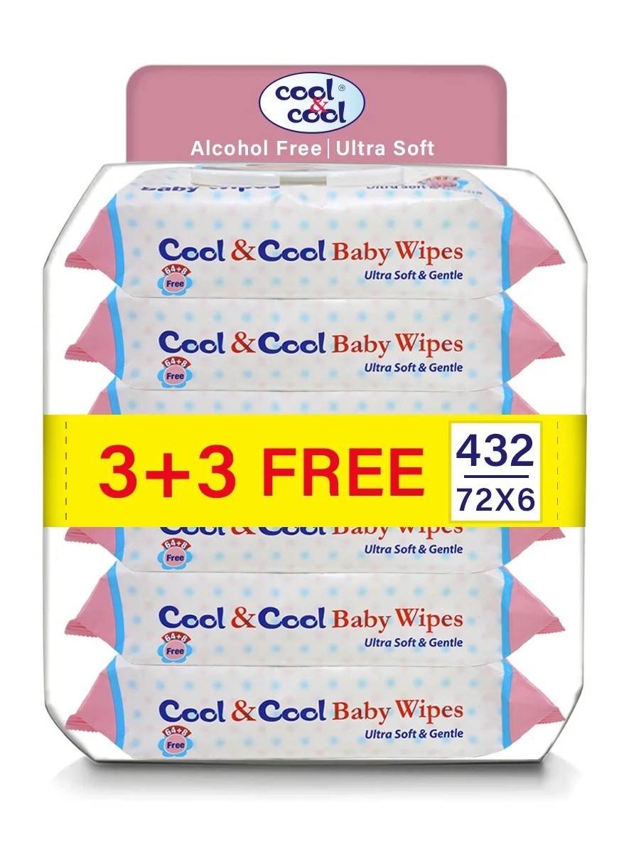 Cool & Cool Premium Baby Wipes Gentle Cleansing Formula (Pack of 6, 432 Sheets Total) ujc4b