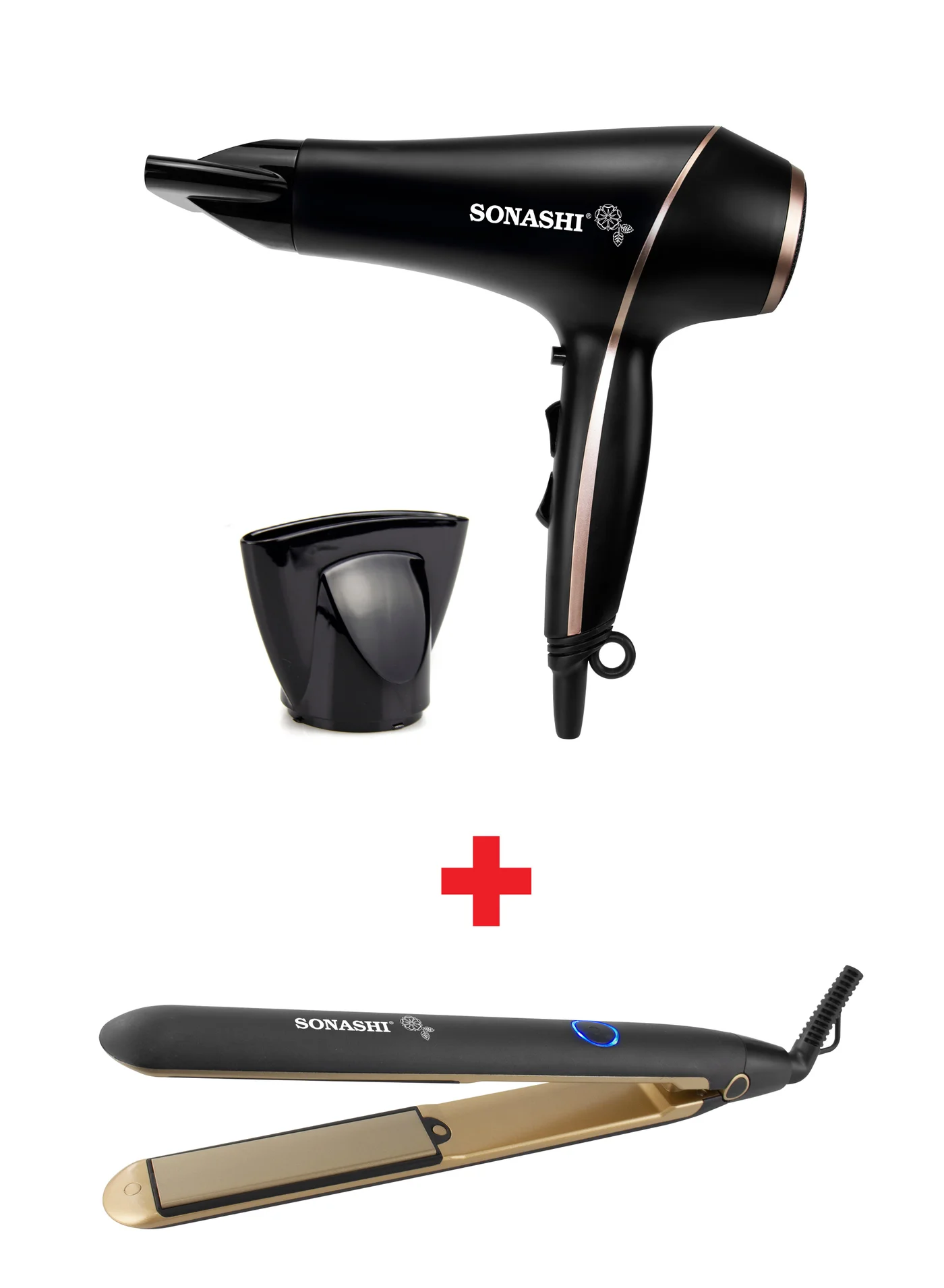 Sonashi Professional Hair Dryer and Hair Straightener Styling Set (Black/Gold, 2-Piece) duum4