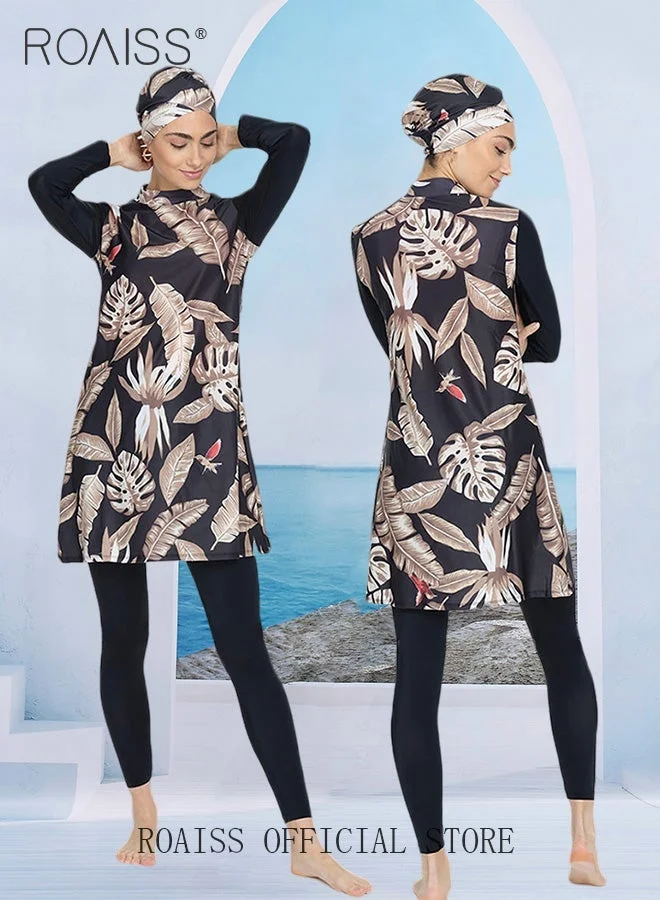 Roaiss Women 3PCS Burkini Swimsuit Set with Swim Cap, Full Coverage Modest Beachwear for Swimming (Black, One Size) bxuqg
