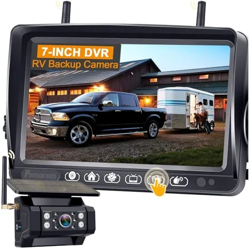 Pemacom Wireless RV Backup Camera System with 7 Inch Touch Monitor HD 1080P Solar Magnetic Mount for Trailer and Camper (1 Set) zmd84