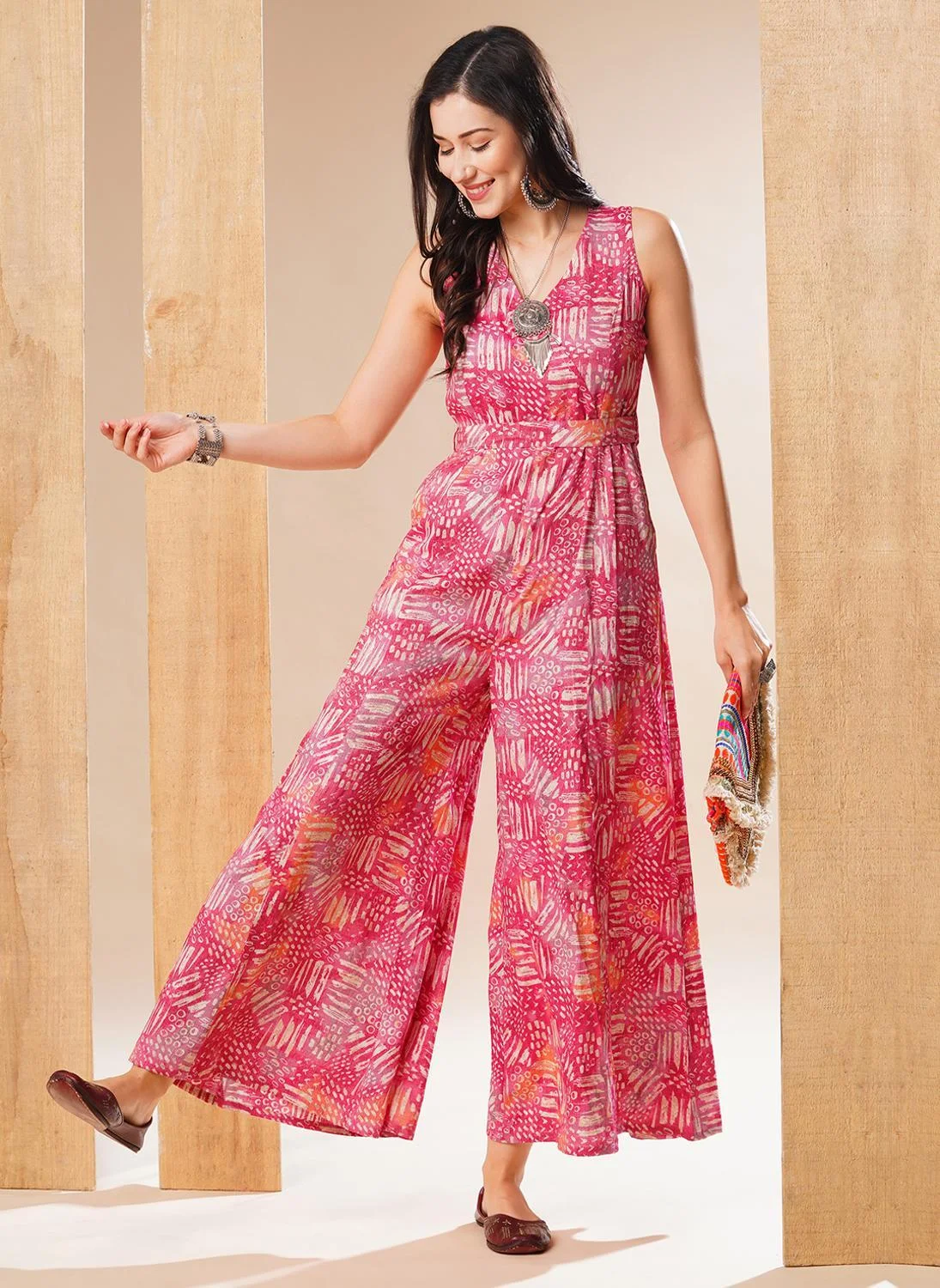 Premium Casual V-Neck Jumpsuit for Women with Waist Tie Up (Pink, Size M) hejjz
