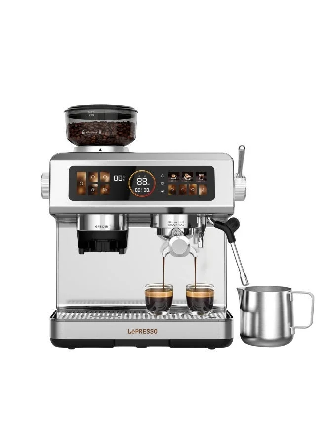 LePRESSO Semi-Automatic Espresso Machine with Milk Frother and Adjustable Grinder (20Bar Pump, Silver) ygl5z