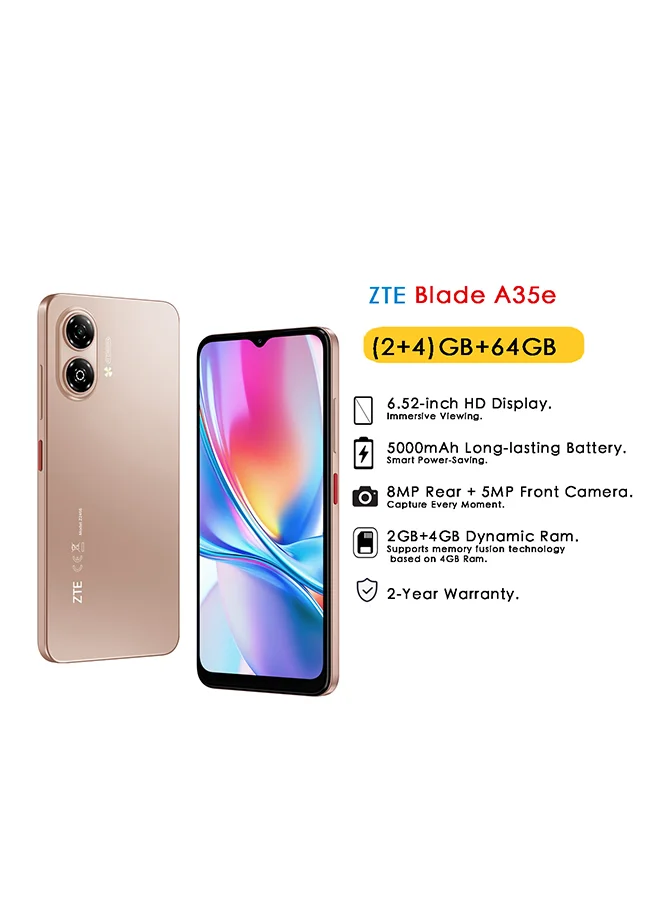 ZTE Blade A35e Smartphone 64GB 6GB RAM 4G Dual SIM Coral Pink (6.52-inch Display) 2paua