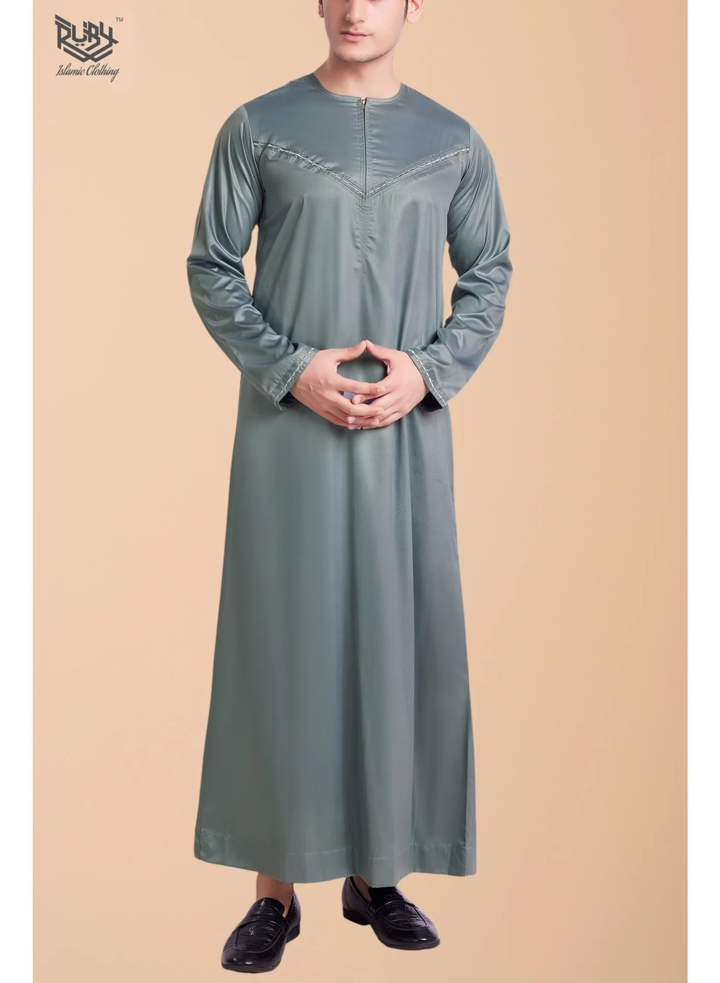 RUBY ISLAMIC CLOTHING Emirati Thobe Kandura Jubba for Men with Modern Zip Detailing and Embroidery (Premium Polyester) eniir