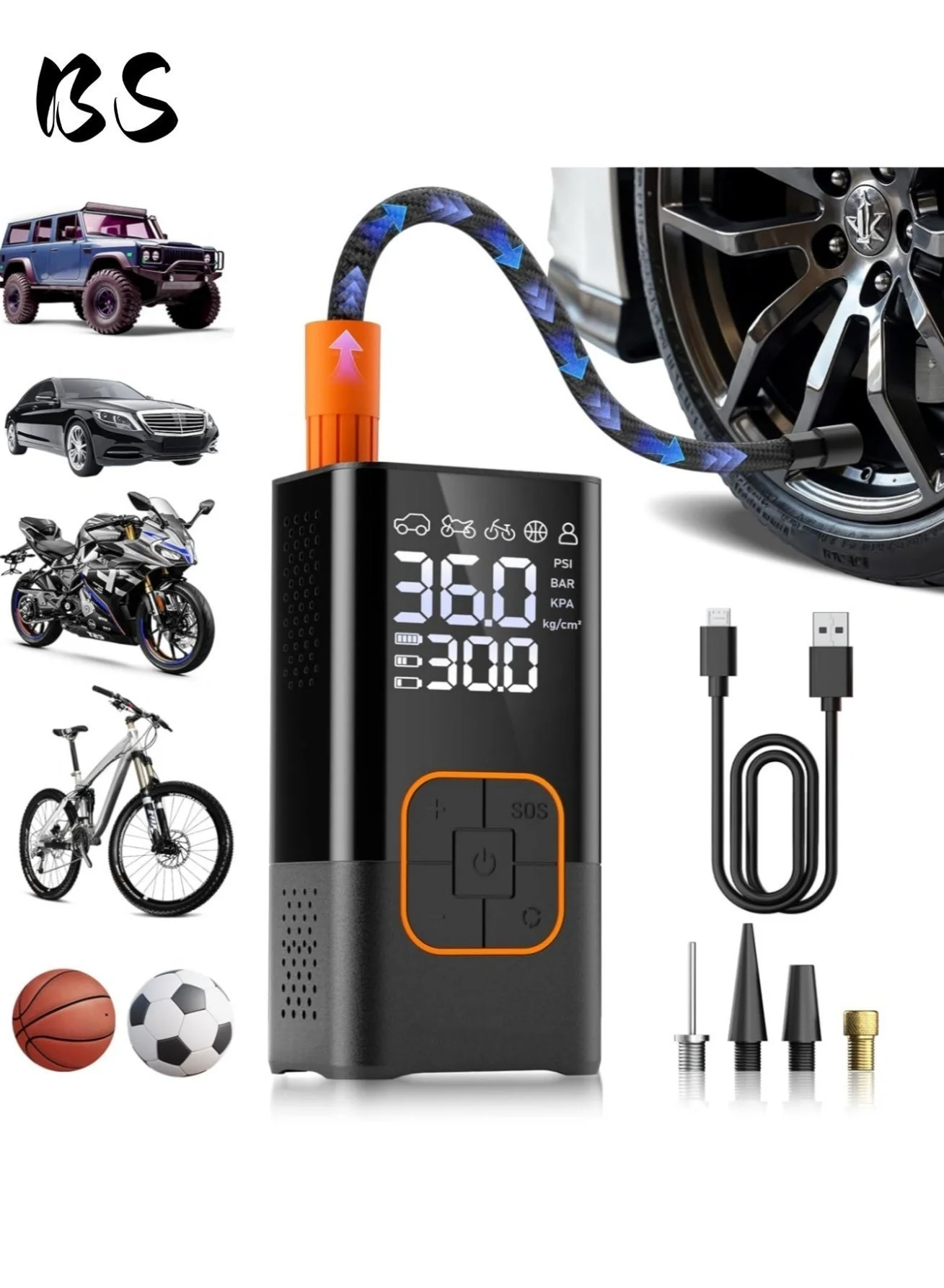 BS Portable Cordless Digital Tire Inflator (150 PSI, LED Light, 4 Nozzles) for Cars Motorcycles and Bicycles n7mrq