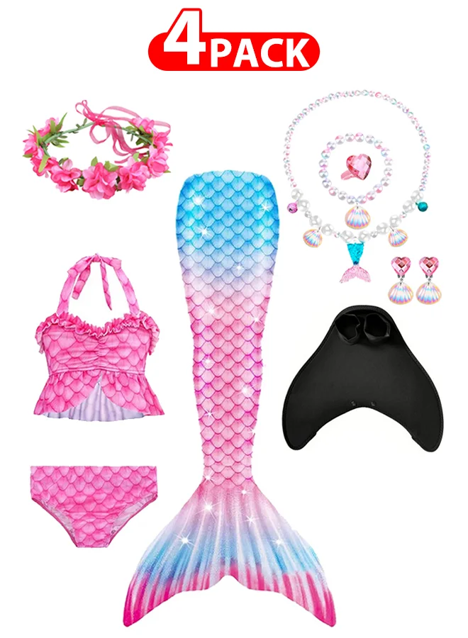 MARGOUN Mermaid Tail Swimsuit Set with Monofin and Accessories for Girls (4-Piece Set, Multi-Color) n42el