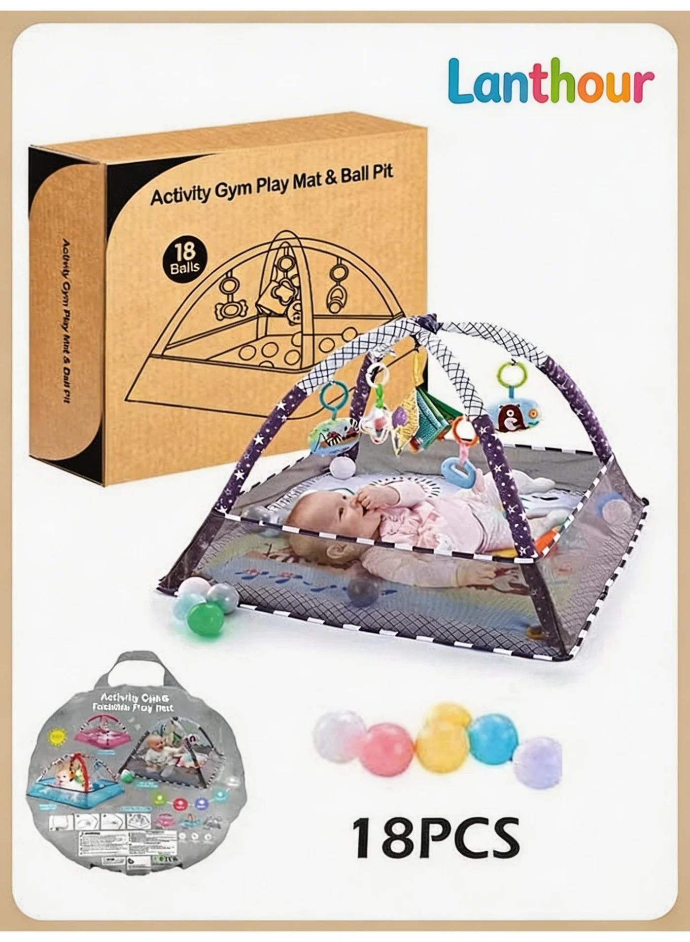 Lanthour Baby Gym Play Mat with 5 Hanging Toys and 18 Ocean Balls (Cotton Blend, 90cm x 90cm) rvpjl