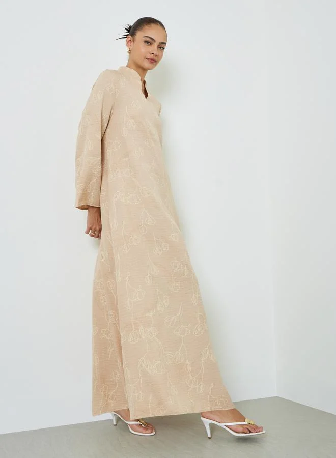 Amirah Brown All Over Print Stand Collar Jalabiya with Side Slit (Premium Traditional Modest Wear for Women) 5p45b