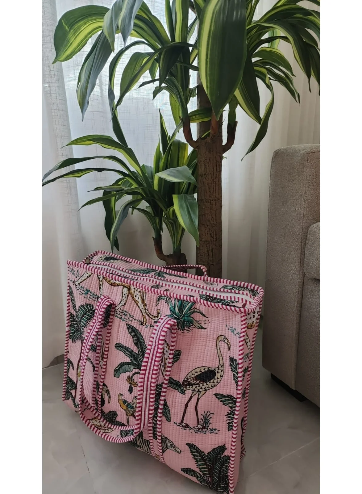 Passion District Cotton Lined Tote Bag Premium Durable Fabric Shopping Beach Market Bag (Pink, 40x35cm) guc20