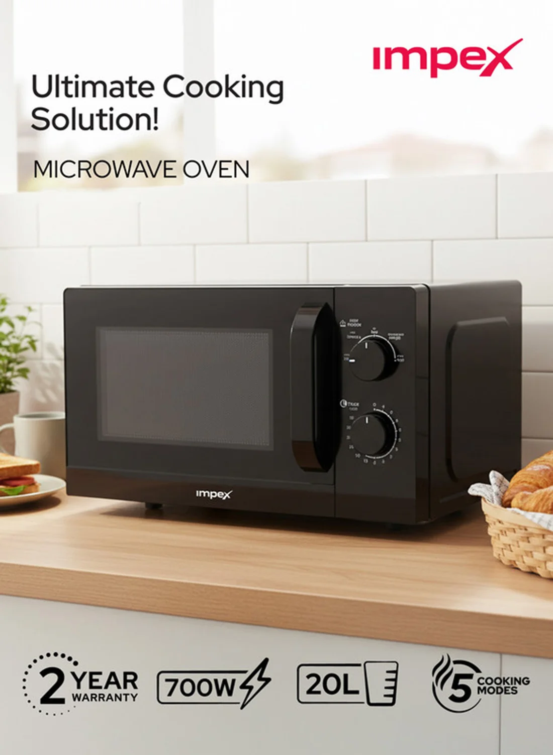 Impex Microwave Oven Compact Kitchen Appliance with 5 Power Levels and Defrost Function (Black, 20 L) idaw0