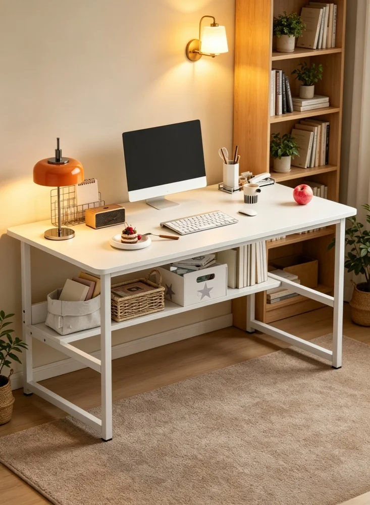 ALIVINGHOME Ergonomic Computer Desk with Integrated Bookshelf Modern Writing Table for Home Office and Gaming (White, 120x55x73cm) hi5mv