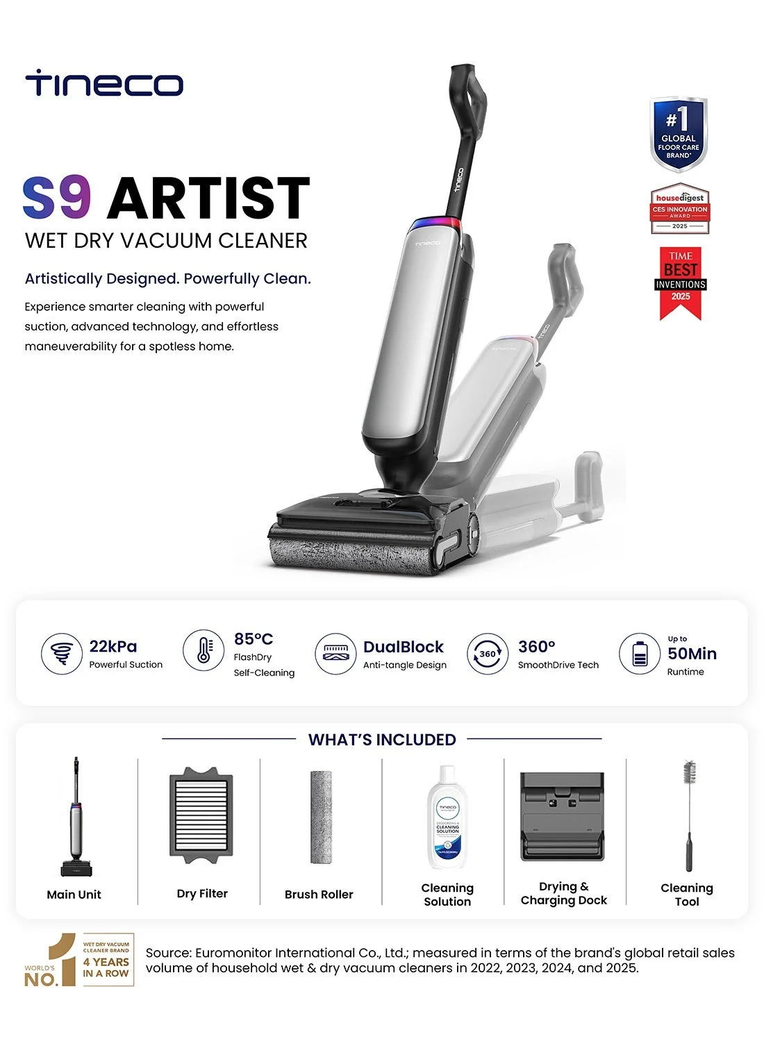 Premium Wet-Dry Vacuum Cleaner with 360¡ã SmoothDrive and Self-Cleaning Technology (Silver, 1 L) b9vp2