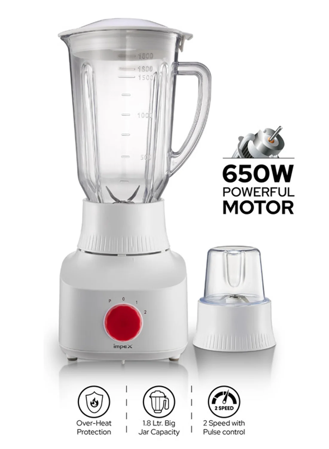 Impex 2-in-1 Professional Kitchen Blender and Grinder Set with Pulse Control (White, 1.8L) xv4r2
