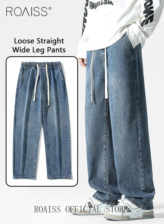 Roaiss Men's Straight Leg Loose Fit Jeans Retro Distressed Washed Denim Trousers with Elastic Drawstring Waist (Blue, Large) vkezt