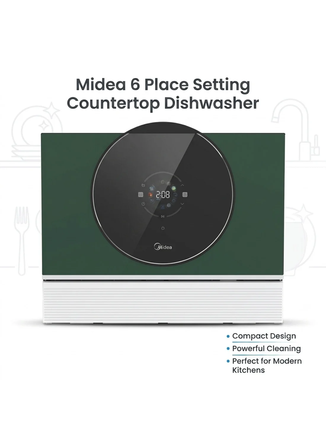 Midea 6 Place Setting Countertop Dishwasher with Touch Screen and Auto Open Drying (Green, 6 L) 8adqu