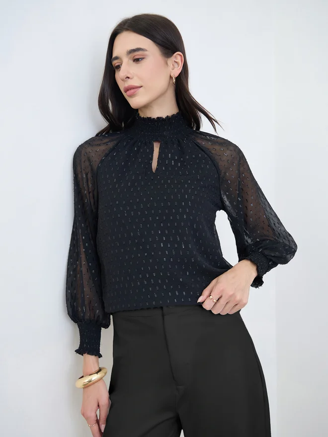 Styli Black Lurex Semi Sheer Sleeve Blouse Elegant Evening Top for Women (Black, One Size) geg7x
