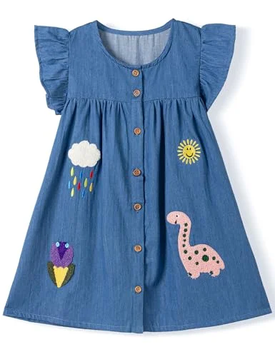 FreeLu Toddler Girls Cartoon Animal Embroidery Tulle Dress (Denim Blue, 2T) 5irt6