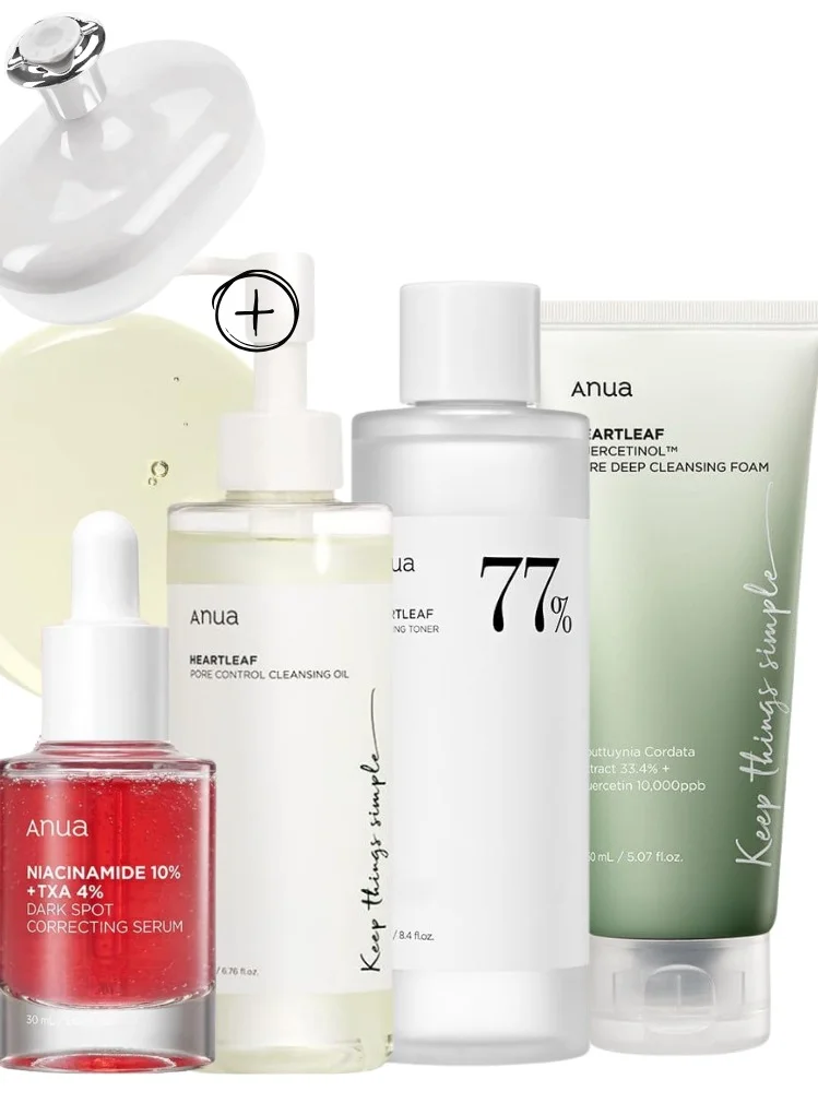 Anua Heartleaf Skincare Routine Set with Pore Control Cleansing Oil, Foam, Toner, and Niacinamide Serum (630 mL) q8q6c