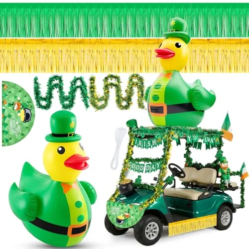 Hungdao St Patricks Day Golf Cart Decoration Set Inflatable Duck Shamrock Tinsel Garland and Fan Flag Kit (4ft) 5emjr