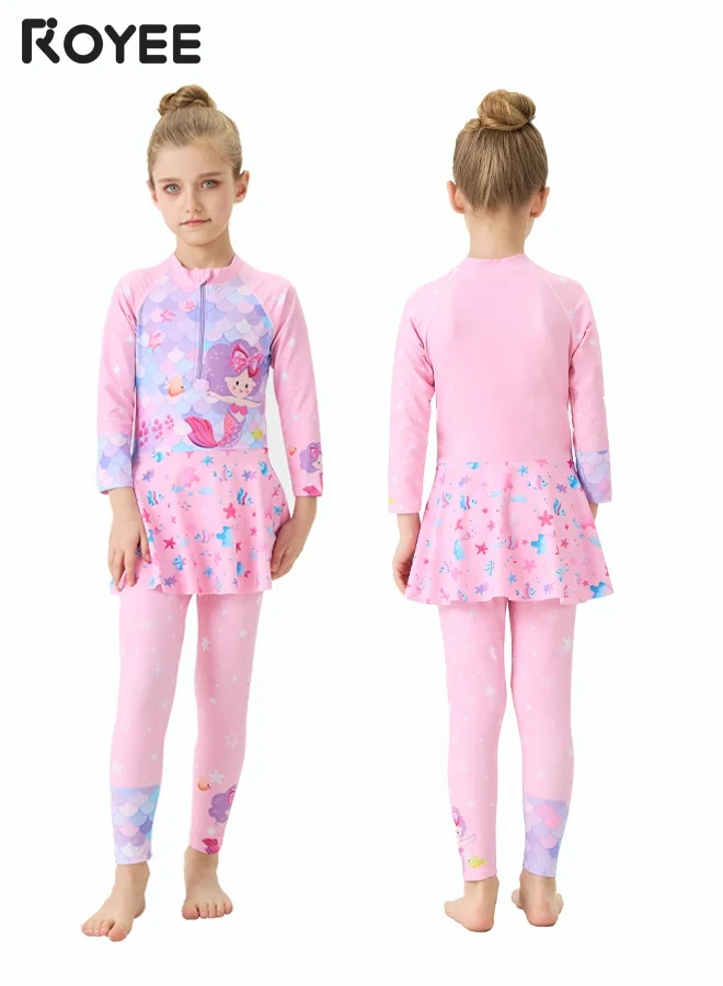 Royee Girls Long Sleeve One-Piece Swimsuit with Cap Set (Pink, 130cm) im9k1