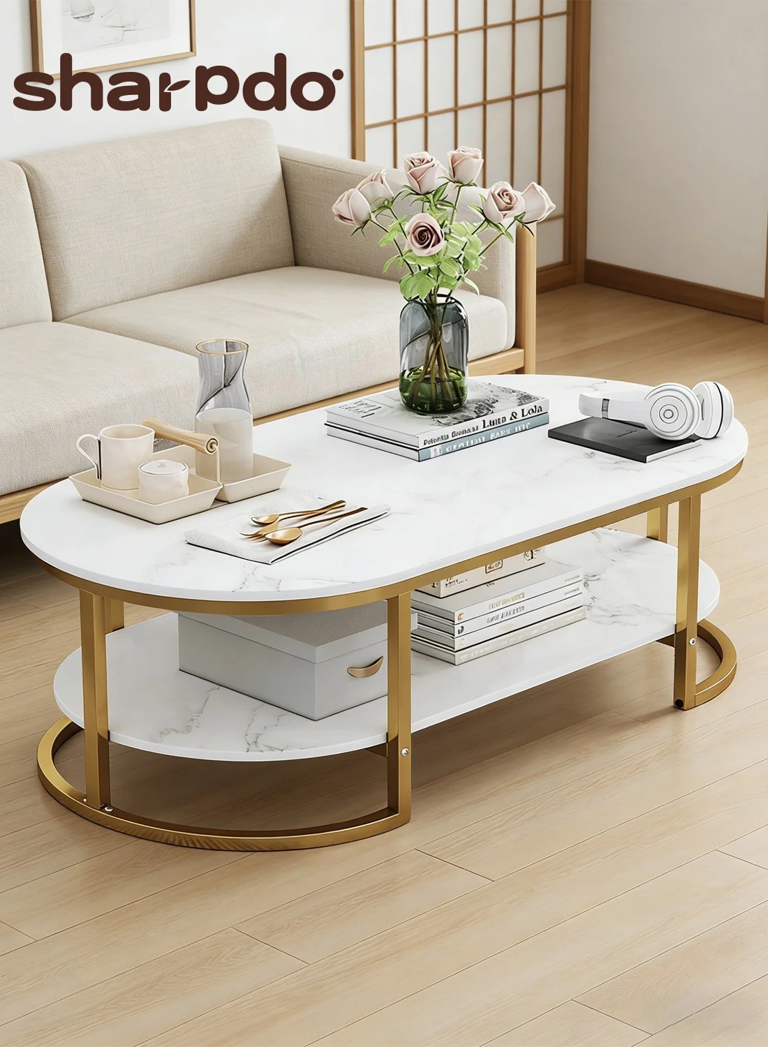 Sharpdo Modern Round Coffee Table with Storage and Marble Finish (100x50x45cm) 3y49w
