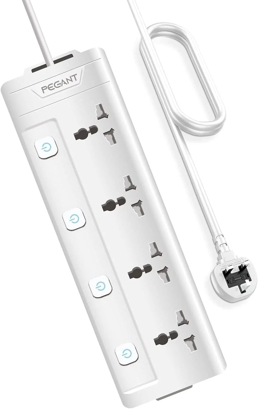 PEGANT 4 Way Power Extension Cord with Surge Protection (3m, White) k94vw