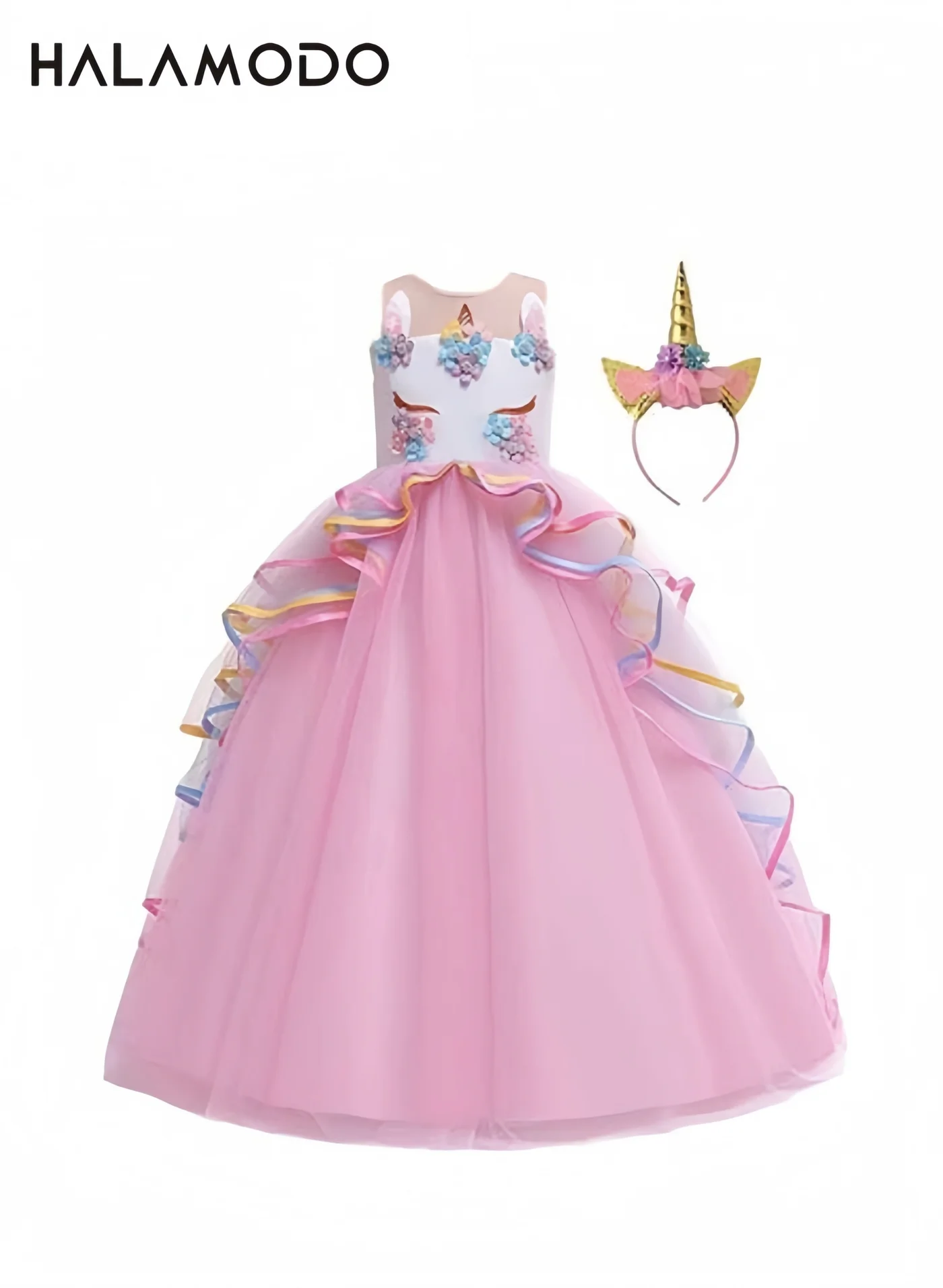 Halamodo Unicorn Fancy Dress for Girls Sleeveless Tulle Gown with Pastel Headband Costume (Multi-Color, 120cm) klfbo