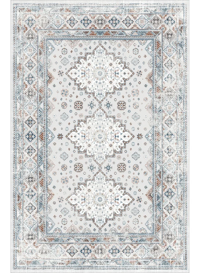 Noon East Boho Floral Area Rug Anti-Slip Premium Polyester Carpet for Living Room and Bedroom (Cream & Grey, 183 x 275 cm) xk1sj
