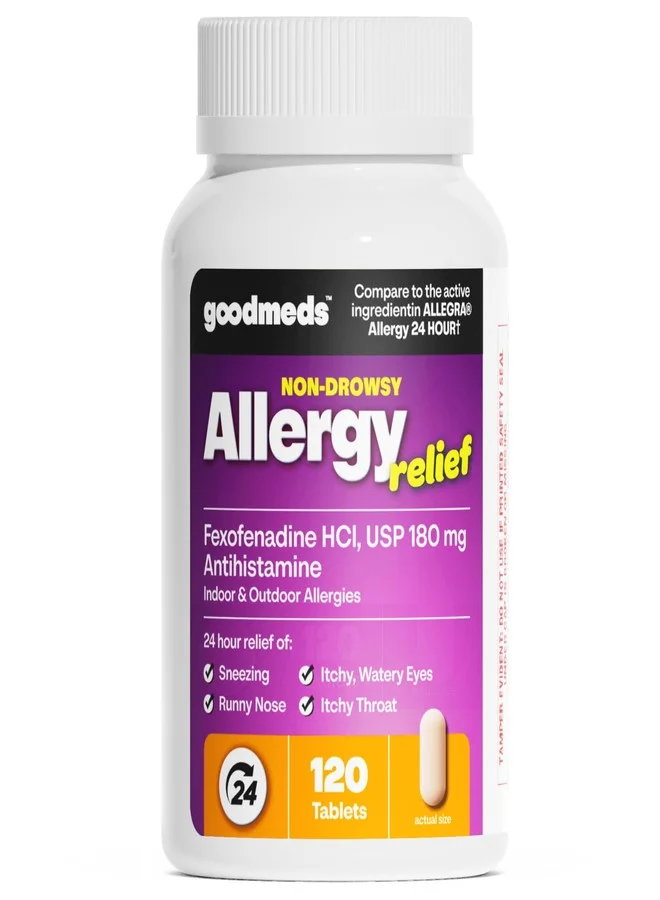 GoodMeds Fexofenadine HCl 180mg Allergy Relief Tablets (Non-Drowsy Antihistamine for Adults and Kids, 120 Count) 68bni