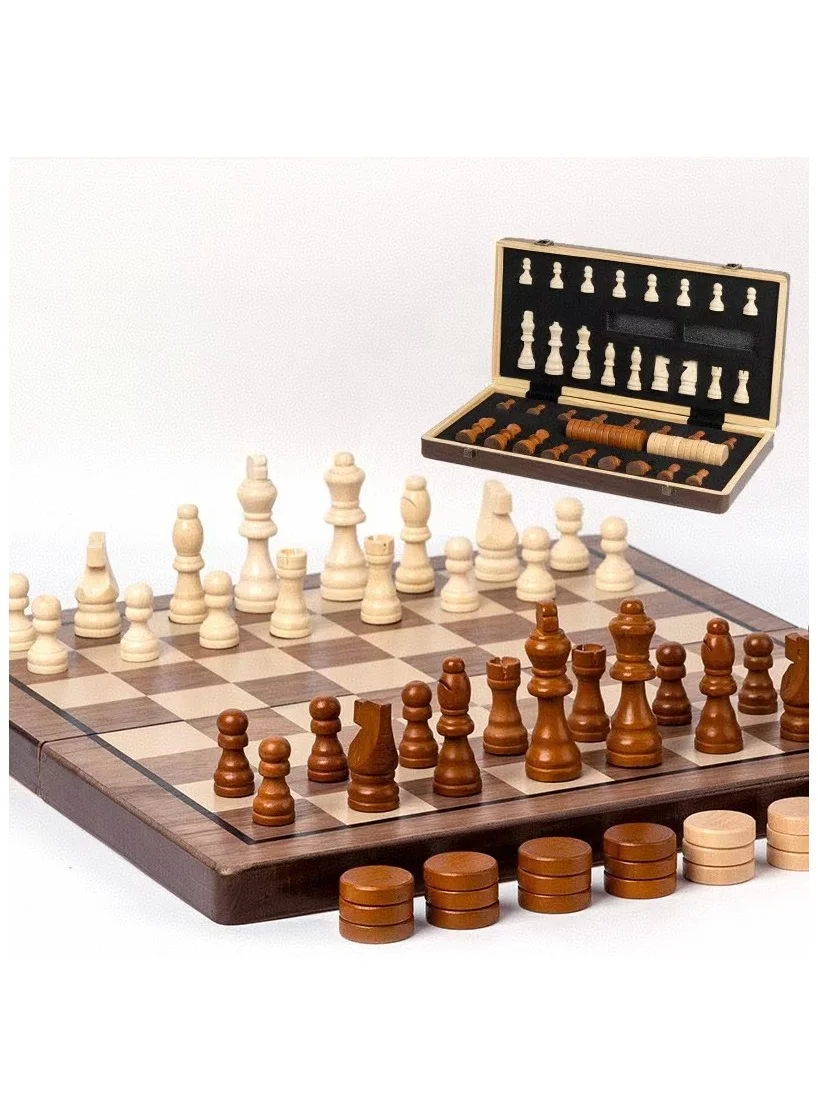 DELGREEN 2-in-1 Chess and Checkers Set Premium Wooden Magnetic Folding Board Game (38cm) anu6a