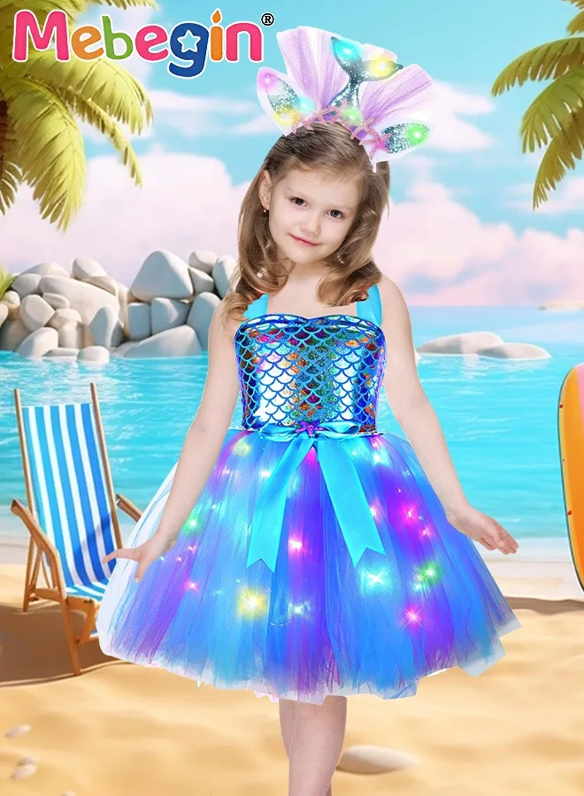MEBEGIN Mermaid Princess Costume with Tiara LED Light Up Tutu Dress for Kids (Glitter Cosplay Outfit) tltm2