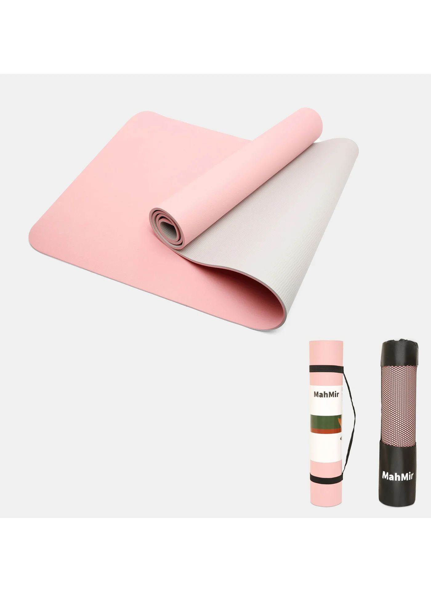MahMir Premium Non-Slip Yoga Mat Fitness Exercise Pad with Carrying Bag (Pink + Light Grey, 183cm x 61cm x 6mm) nv1ji