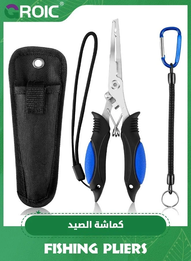 GROIC Fishing Pliers Stainless Steel Saltwater Resistant Hook Remover with Carbide Cutters and Coiled Lanyard (17 cm) 3vmjq