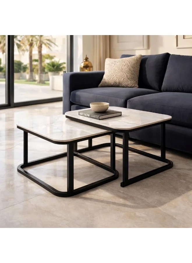 Harmony Home Modern Nesting Coffee Table Set (2-Piece) Marble Finish Top with Black Metal Frame for Living Room and Office y6xu7