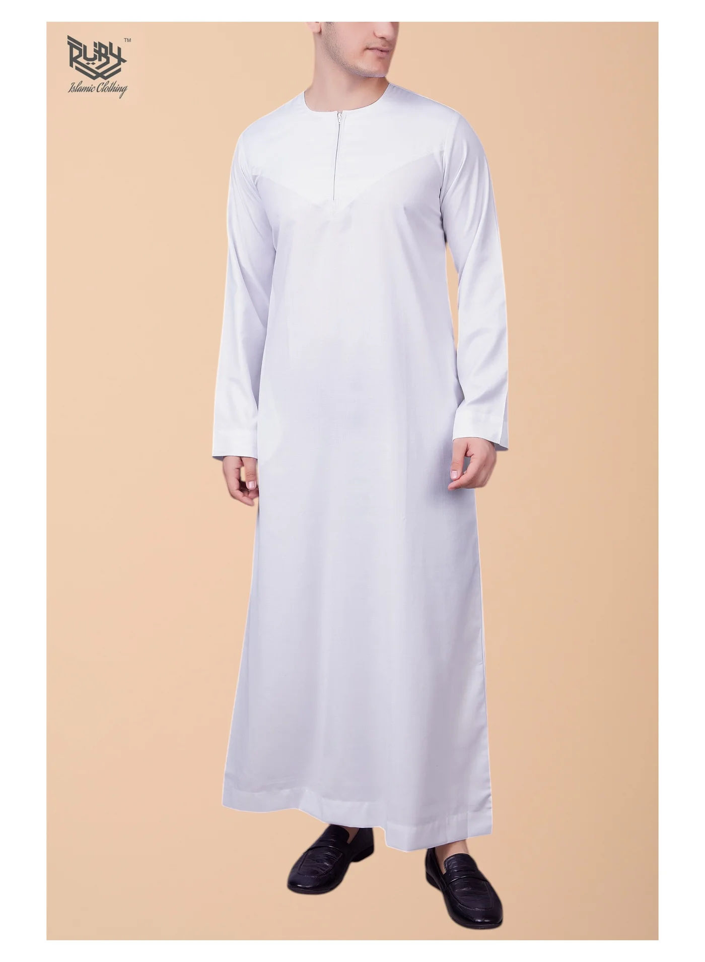 RUBY ISLAMIC CLOTHING Emirati Thobe for Men Premium Poly Viscose Long Sleeve Dishdasha with Front Zip (White) 1comv