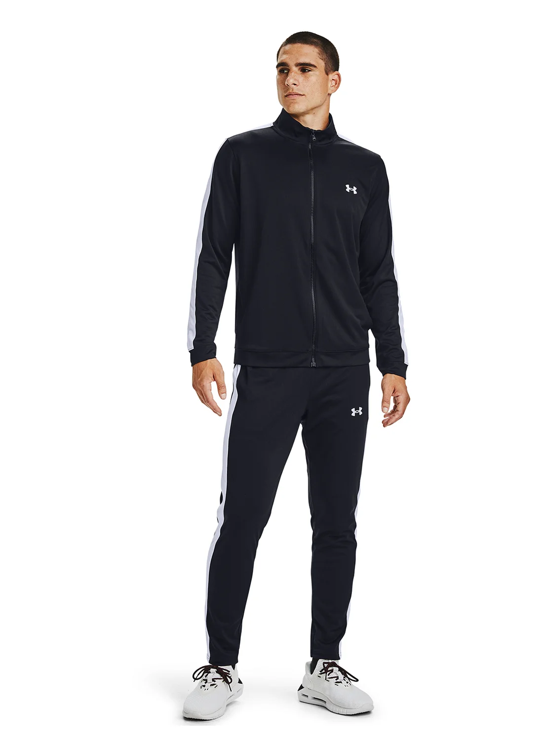 Athletic Knitted Tracksuit Premium Collared Neck Sportswear Set for Men (Black, Large) 9ck0j