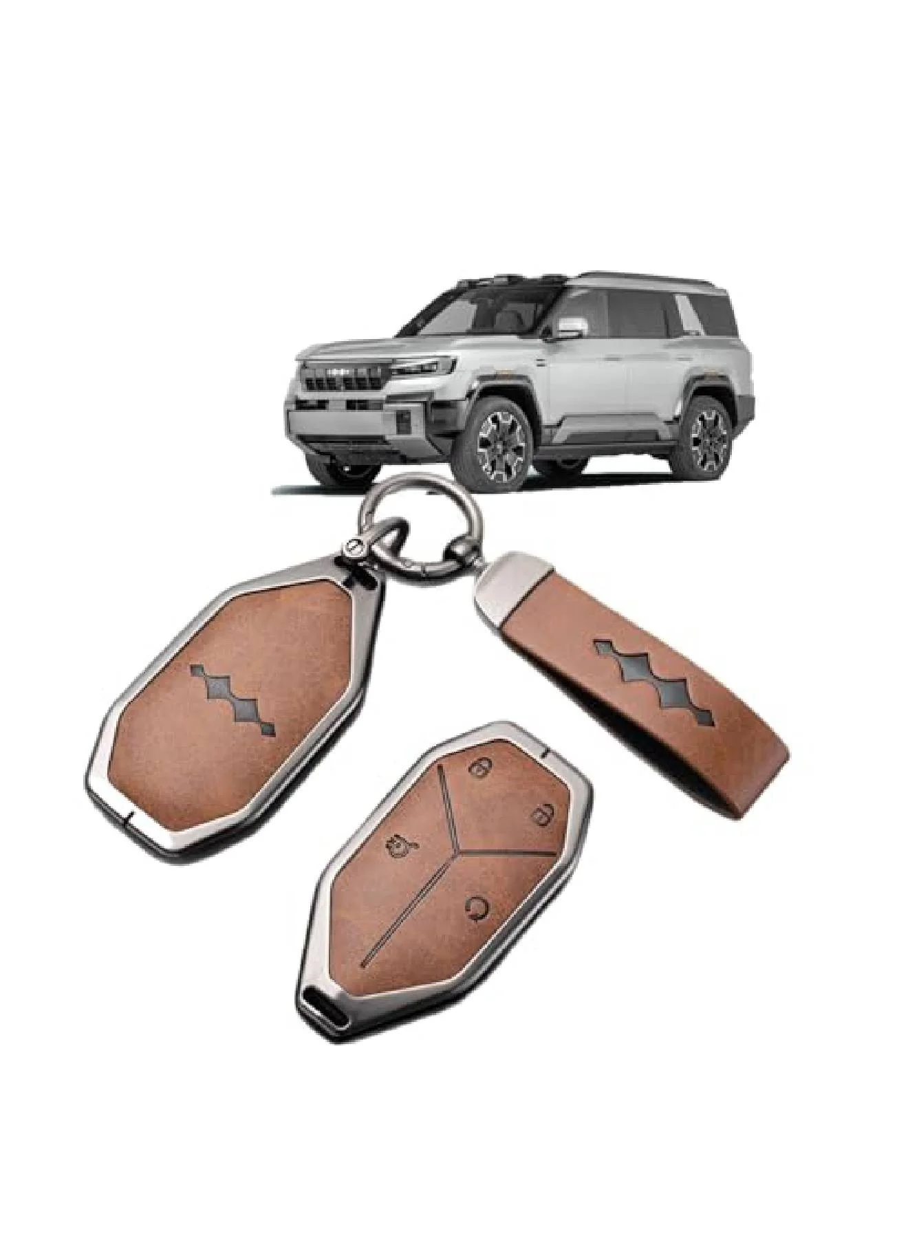 Adando Car Key Fob Cover with Leather Keychain for Leopard 5/8 and Tai Series, Premium Metallic Alloy Protective Case (Brown) jz9a4