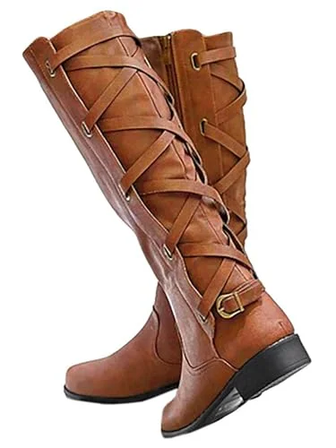 Premium Women Knee High Motorcycle Boots Lace Up Riding Shoes Flat Heel (Black, 38) hgrcb