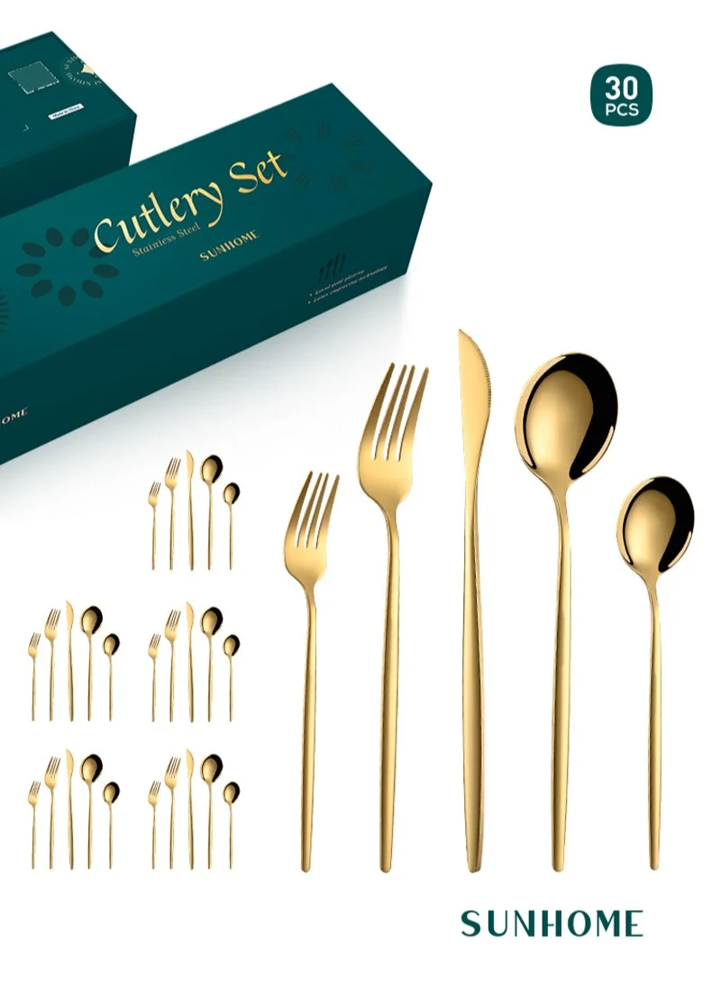 SUNHOME Stainless Steel Cutlery Set Premium Gold Tableware for Home and Dining (30-Piece Set) 9h3ia