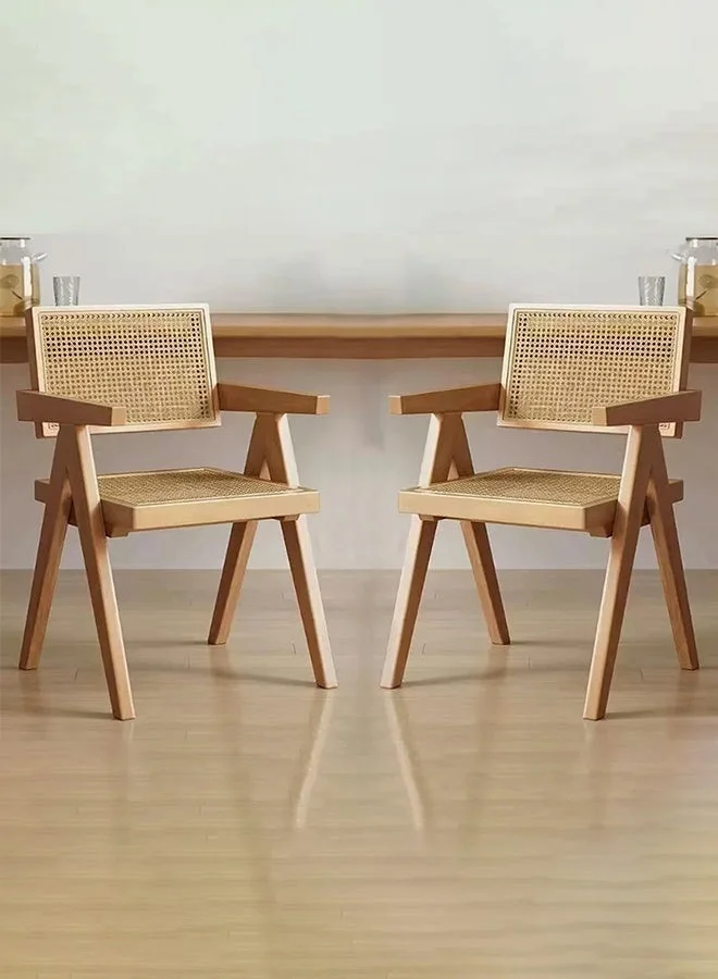 WALALLA Mid-Century Modern Rattan Dining Chairs Set of 2, Water-Resistant Wicker Armchairs with Thick Seat Cushions for Indoor and Outdoor Use (Beige) ka5sr