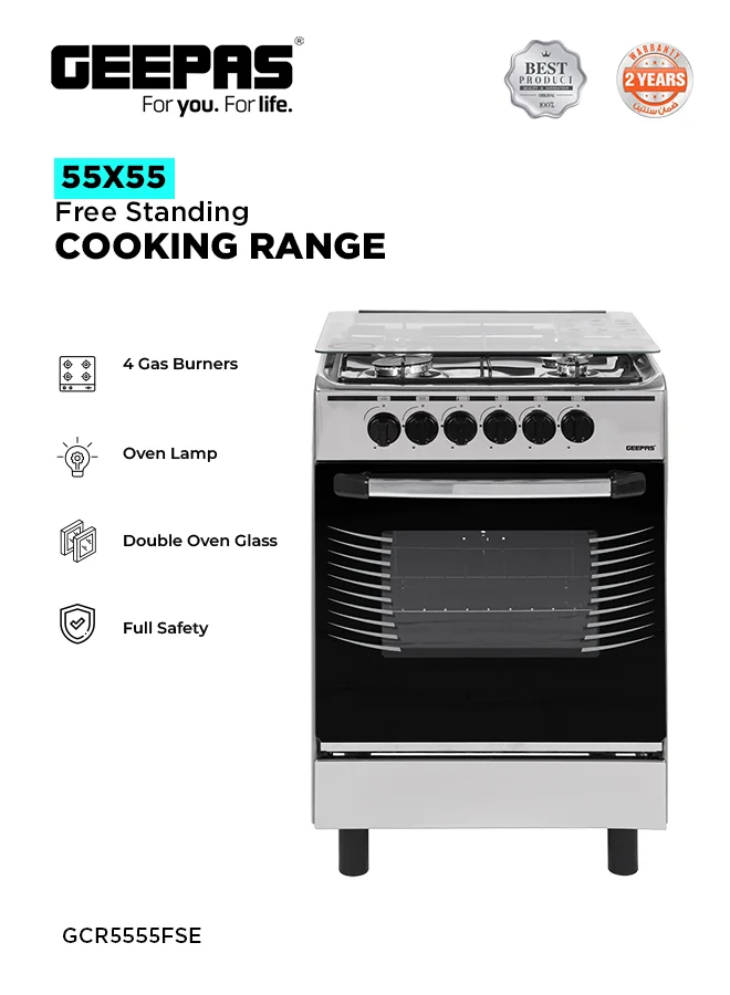 Geepas 55x55cm Free Standing Cooking Range with 4 Burners and Oven (Silver, 55x55cm) guafb