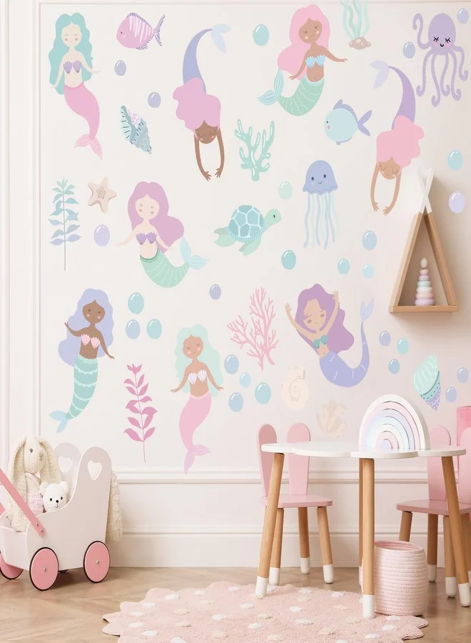 HJKlove Under The Sea Mermaid Wall Decals Ocean Animals Theme Mural (Multicolor, 60cm x 90cm) for Kids Nursery Bedroom ixcis