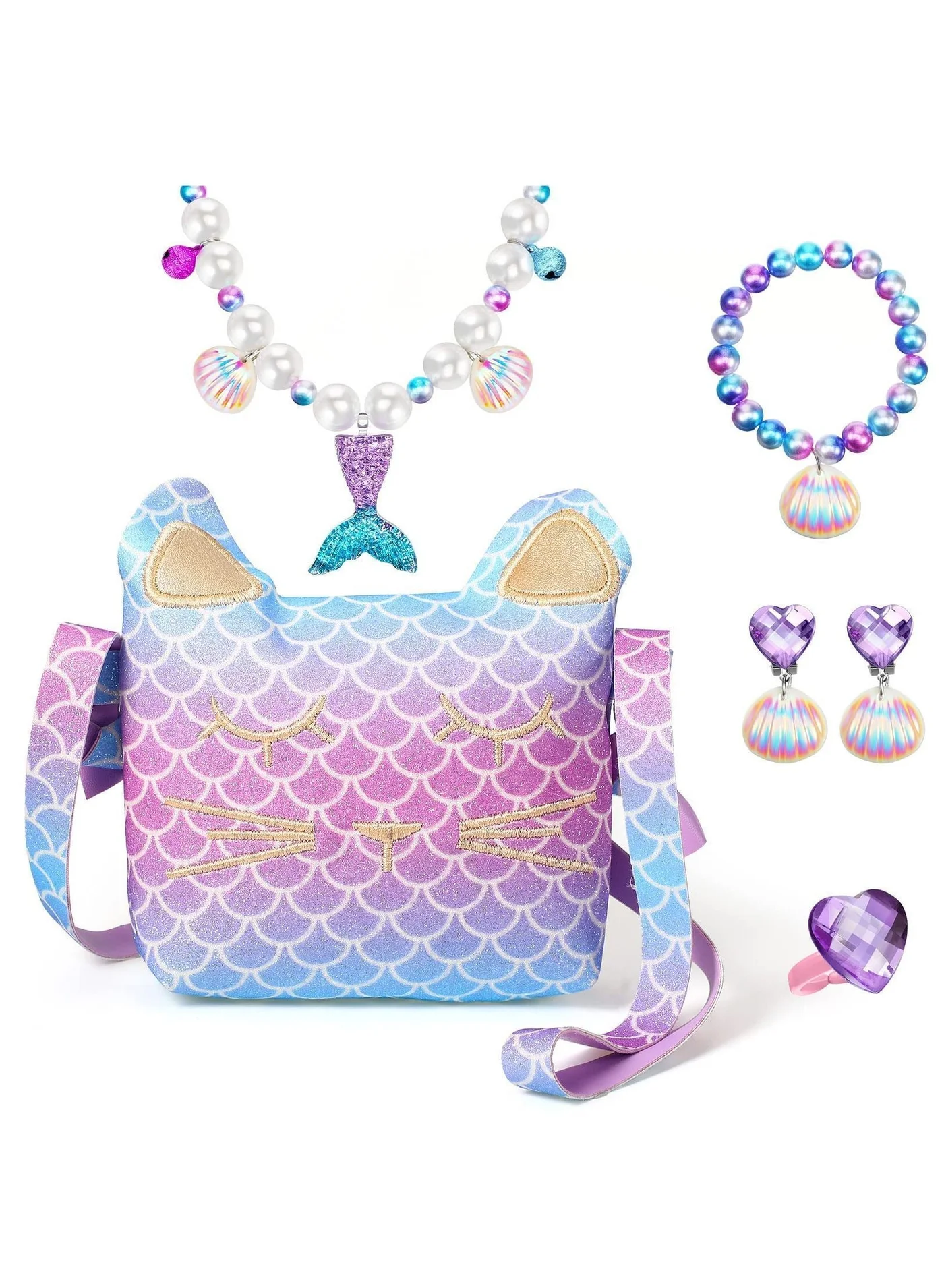 Y&D Pearl Necklace and Crossbody Bag Jewelry Set (6-Piece Kids Dress Up Accessories) 8p9s2