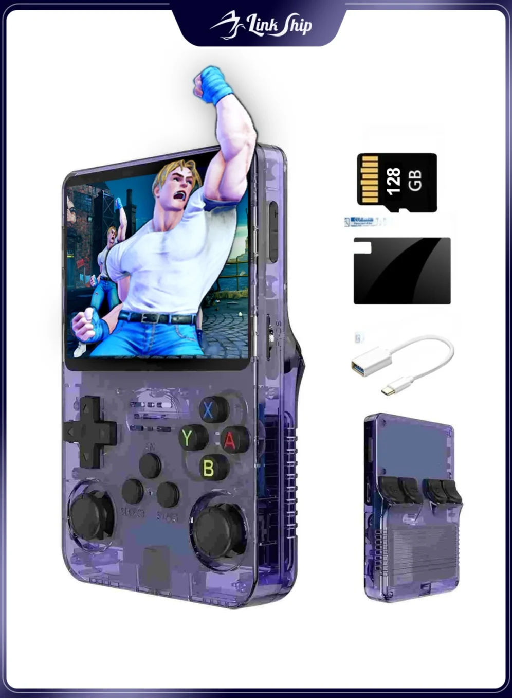Linkship R36s Retro Handheld Game Console 3.5-inch IPS HD Display 128GB Storage with Dual Joysticks (Purple) arl6r